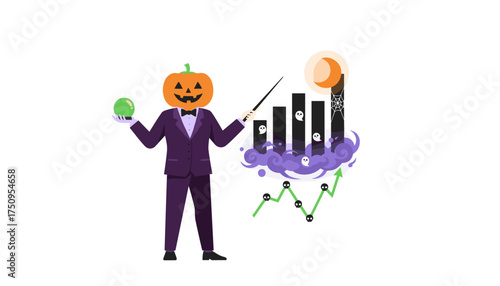 Pumpkinheaded executive predicting spooky business trends and future Halloween market growth