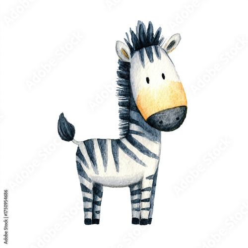 Cute cartoon zebra, simple watercolor, white background, in the style of children's book illustration.

