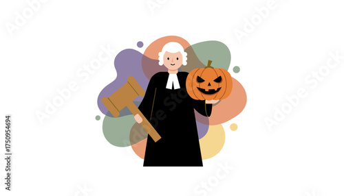 Judge in wig holds gavel and spooky Halloween jackolantern Legal holiday concept
