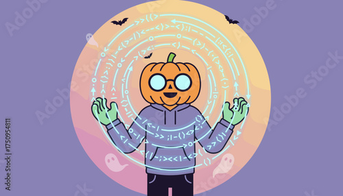Pumpkinheaded coder in a hoodie casting digital spells for Halloween surrounded by bats and ghosts