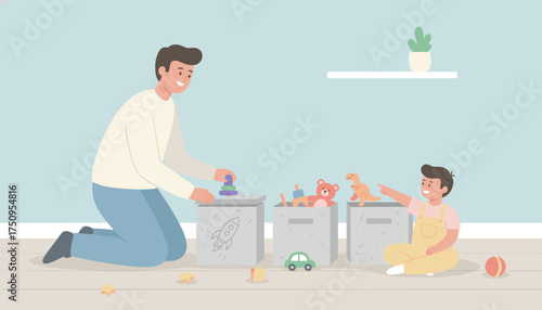 Happy father and son tidying up toys together in a bright playroom promoting family bonding and organization