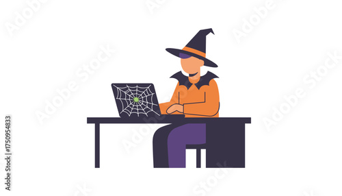 Person in Halloween witch costume works on laptop with spider web screen Spooky holiday concept