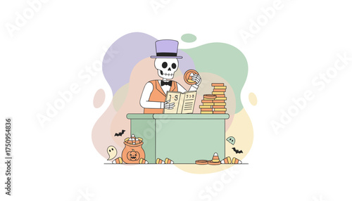 Skeleton in a top hat managing Halloween candy finances at a desk with ghosts
