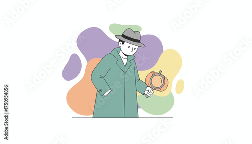 Investigator examining a pumpkin with a magnifying glass Autumn mystery and discovery concept