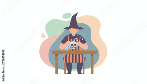 Character in witch hat and apron polishing a skull symbolizing Halloween preparations or crafting