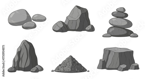 Collection of various gray rocks and stones in different shapes and arrangements.