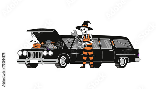 Skeleton mechanic in witch hat fixing a haunted hearse with pumpkin and spiderwebs