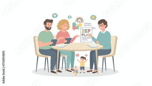 Parents and educator discuss an Individualized Education Program IEP for a child highlighting inclusive education
