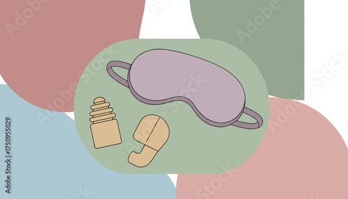 Essentials for restful sleep and travel eye mask earplugs and supplement bottle