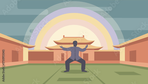 Serene Tai Chi practice in an East Asian temple courtyard symbolizing harmony and wellness