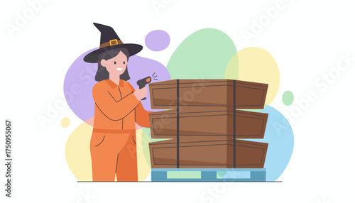 Smiling witch scans stacked boxes on pallet symbolizing festive logistics or Halloween delivery