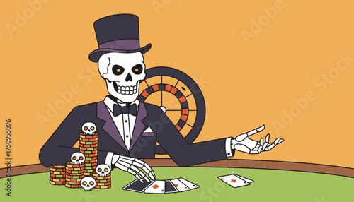 Elegant skeleton gambler plays cards at a casino table with chips and roulette wheel