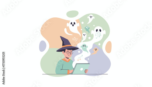 Hacker in witch hat uses laptop releasing digital ghosts and cyber threats Cybersecurity concept