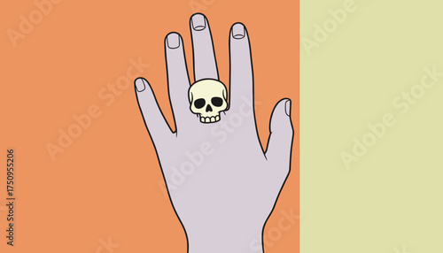 Stylized hand wearing a unique skull ring on a modern splitcolor background Edgy fashion concept
