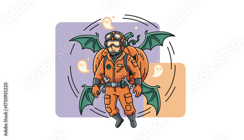 Halloween mechanic character flying with pumpkin bat wings and ghosts Festive holiday design