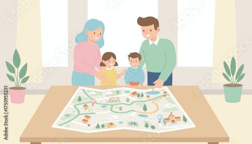 Happy family plans a trip or daily route with a map at home Education real estate travel concept