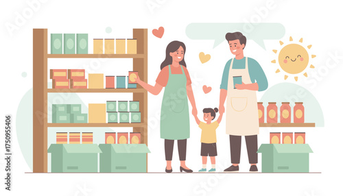 Happy family volunteering at a food bank organizing donations for community support