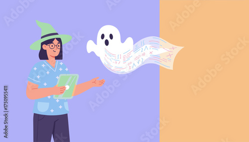 Witchhatted coder manages data ghost representing healthcare information technology and digital solutions
