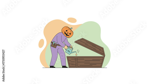 Pumpkinheaded character oils an open wooden coffin symbolizing Halloween preparations or whimsical spooky maintenance