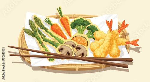 A delightful assortment of crispy tempura vegetables and shrimp served with chopsticks.