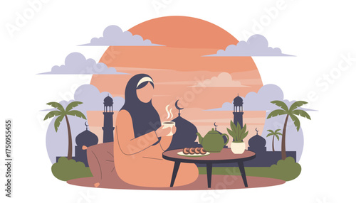 Muslim woman enjoying traditional tea and cookies against a mosque and palm tree sunset backdrop