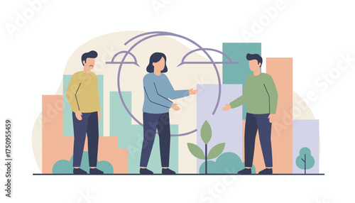 Business team communicating ideas and collaborating in an urban environment