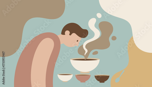 Man intensely sniffing steaming coffee evaluating aroma Coffee cupping taste quality beverage expertise