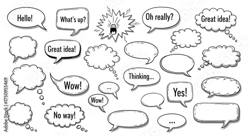 A collection of hand-drawn speech bubbles and thought clouds with various exclamations and phrases.