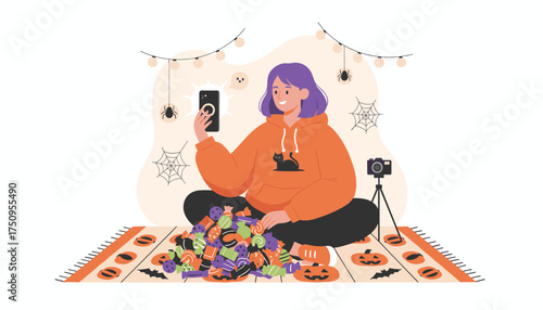 Happy young woman vlogging about Halloween candy sharing festive lifestyle content