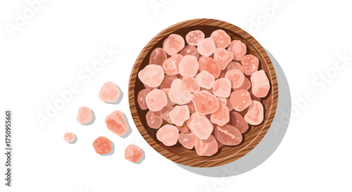 A beautiful wooden bowl filled with pink himalayan salt crystals and scattered on a white surface.