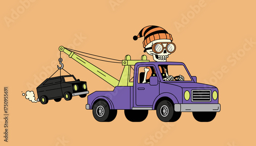 Skeleton driver in a tow truck pulling a brokendown car Roadside assistance or Halloween theme