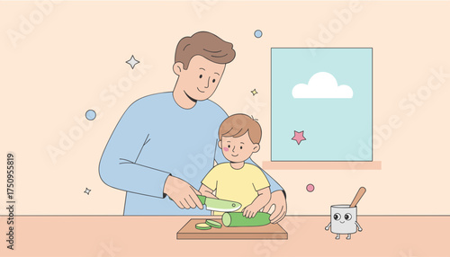 Father and son happily cooking healthy food together learning life skills at home