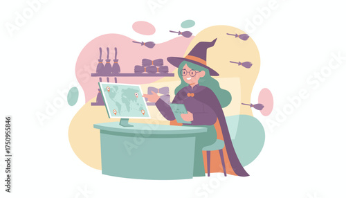 Friendly witch tracks magical broom shipments worldwide on a computer managing global logistics