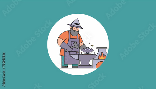 Magical blacksmith crafting a spooky bat on an anvil perfect for Halloween designs or fantasy themes