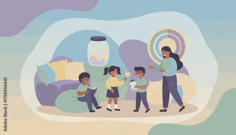 Obraz premium Diverse children learn and play with adult guidance in a colorful creative space
