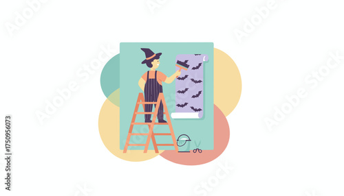 Person in witch hat decorating home with spooky bat wallpaper for Halloween preparations