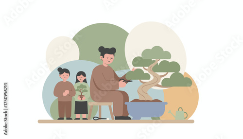 Adult teaches children bonsai art a peaceful hobby reflecting nature patience and growth