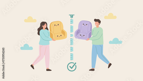 Happy couple comparing child safety seats with a growth chart Parenting family planning kids development