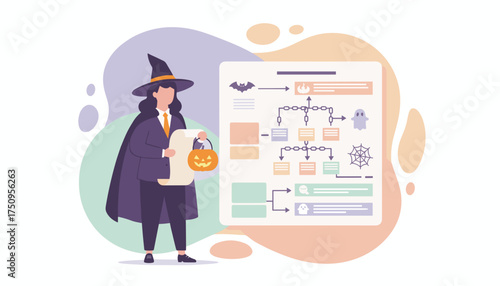Halloween business planning with professional witch outlining spooky project workflow and tasks
