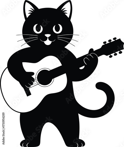 Cute Cat Playing Guitar Silhouette Vector Cartoon Illustration