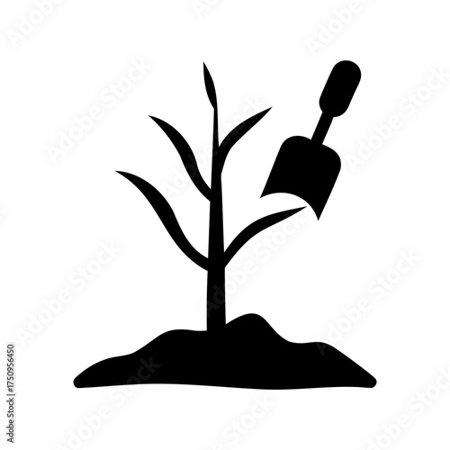 Gardening tool and small plant illustration in black and white color style