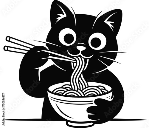 Cute Cat Eating Noodles Silhouette Vector Illustration