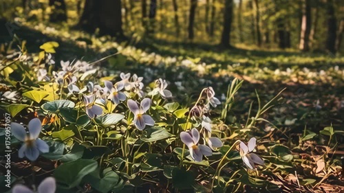 Wild Violets Bloom In A Sun Dappled Forest Floor With Tall Trees And Lush Greenery In Springtime