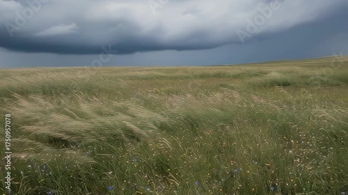 Wide Grassy Field Under Dark Stormy Clouds With Wooden Fence in Foreground on a Windy Day