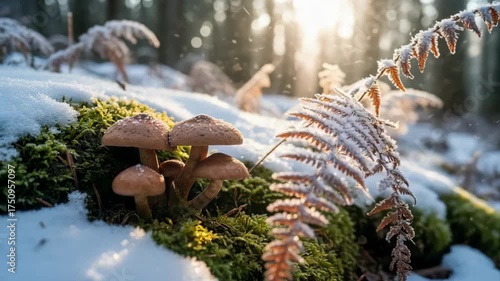 Winter Forest Floor With Mushrooms And Frosty Fern Illuminated By Golden Sunlight