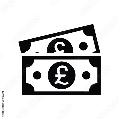 Two stylized pound sterling banknotes are stacked against a white transparent background