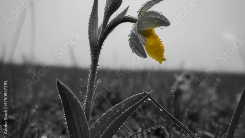 Yellow Lady Slipper Orchid With Water Droplets After Rain In A Grayscale Meadow With Selective Color