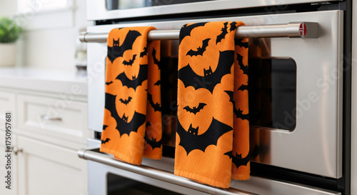 Halloween Kitchen Towels with Bats on Oven on 