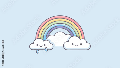 Cute smiling clouds with rainbow and rain drops vector