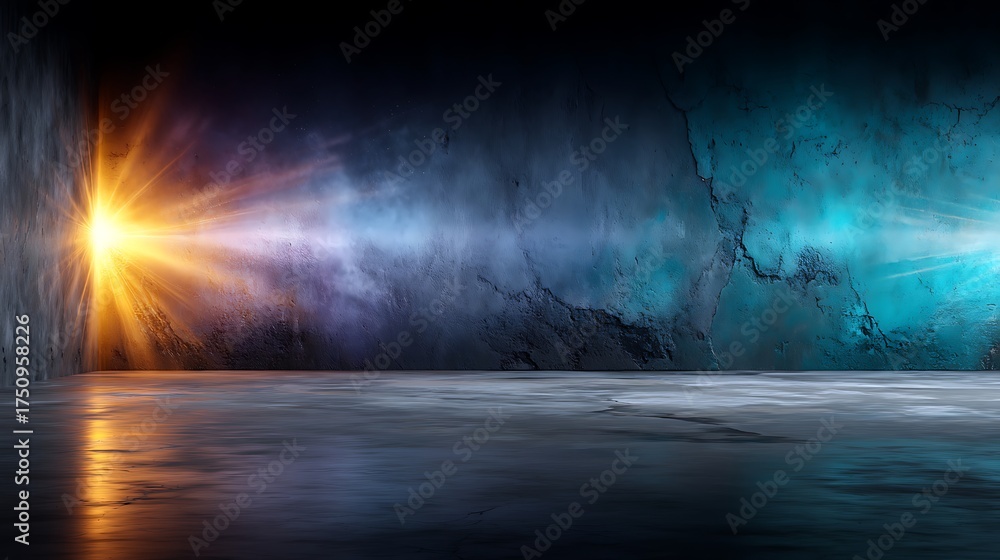 Fototapeta premium Abstract Light Rays in Dark Room with Vibrant Colors and Textured Wall on Background for Creative Usage
